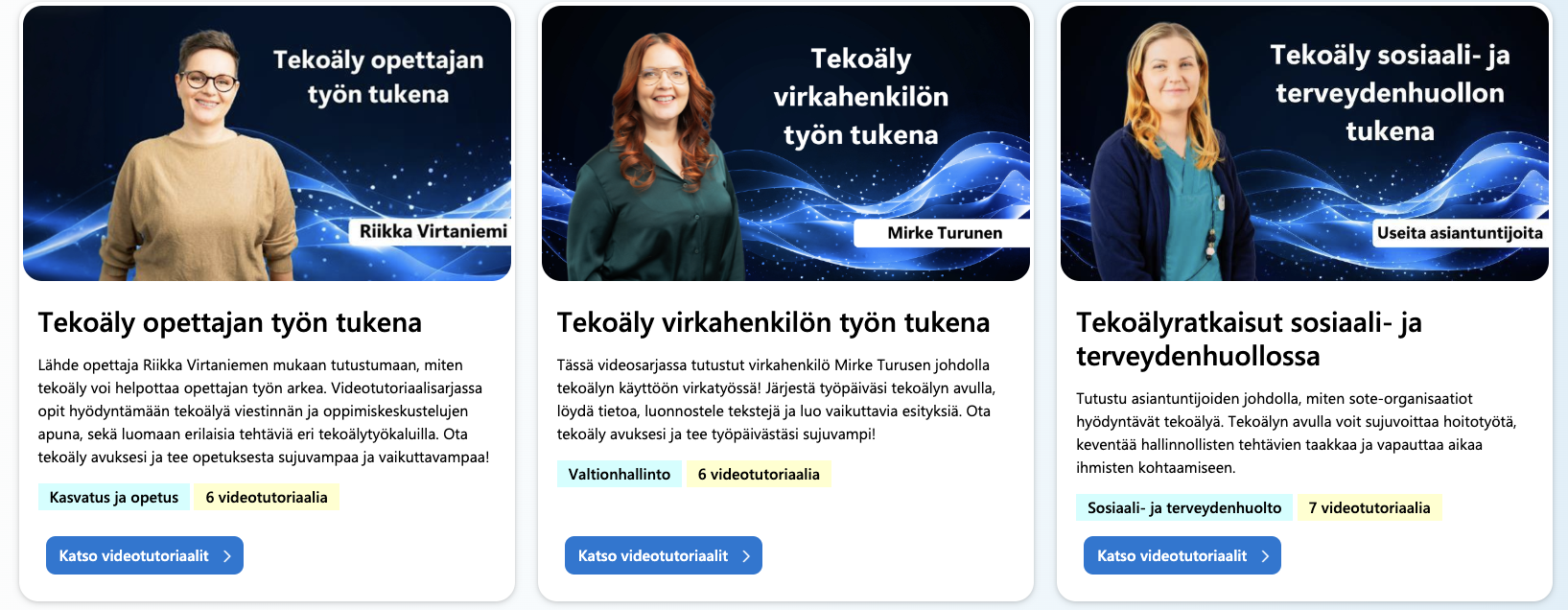 Kuvassa on kuvattu AI-akatemian videotutoriaalien aiheita: tekoäly opettajan, virkahenkilön tai sote-ammattilaisen tukena.